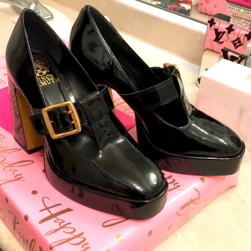 Vince Camuto Black Patent Platform heels with Gold Buckle